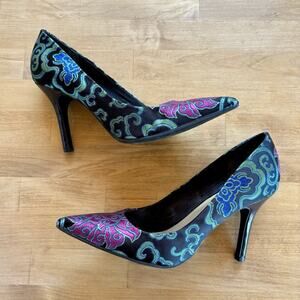 Elegant Black and Multicolor Embroidered Heels